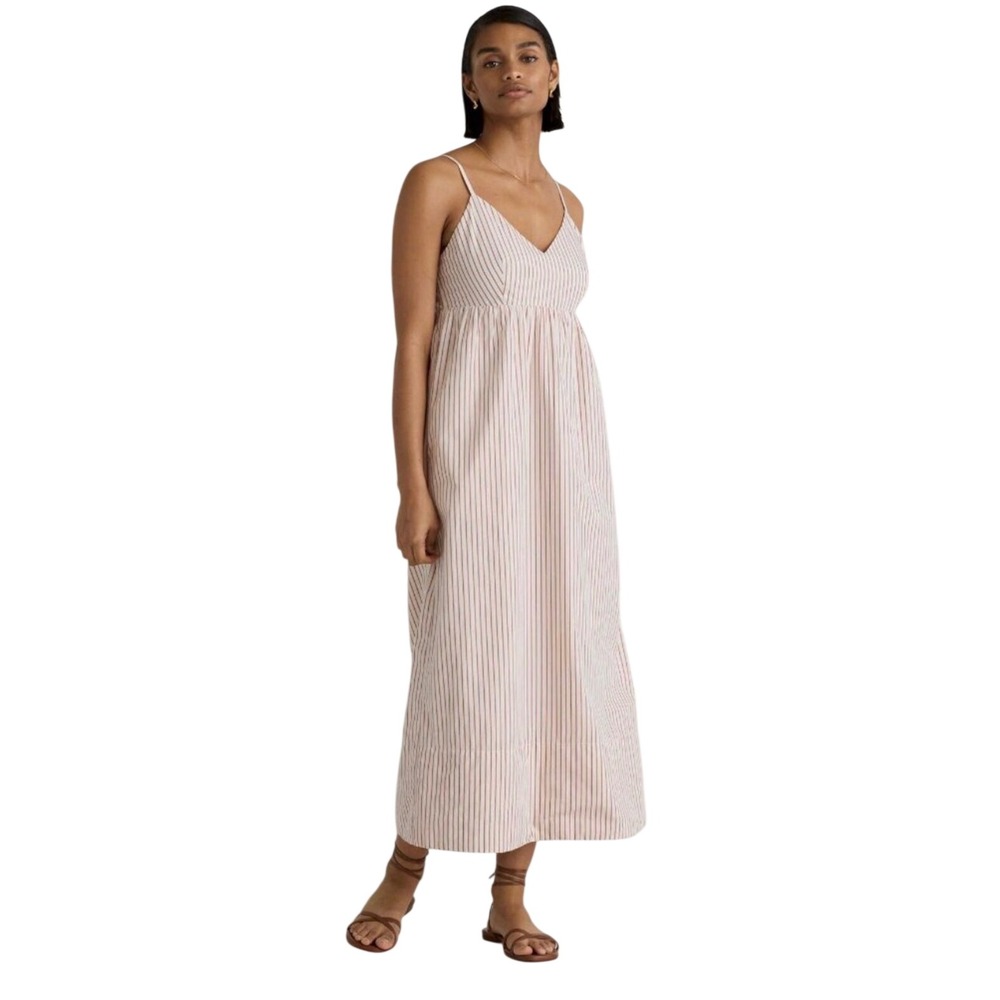 Quince Organic Cotton Sleeveless Maxi Dress Terracotta Stripe V-Neck Smocked M